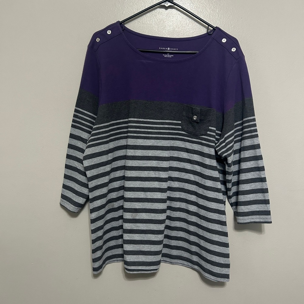 Karen Scott Sport Top Woman 2X Purple Grey Striped Button Shoulder Preppy Casual